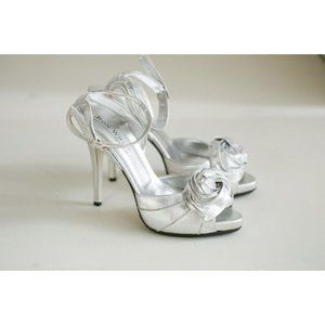Silver High Heel Sandals with Rosette Detail